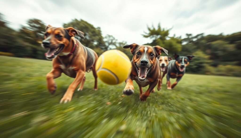 Dogs chasing tennis ball movement
